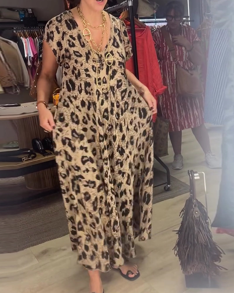 Klädning V-Hals Leopard Kort Ärm