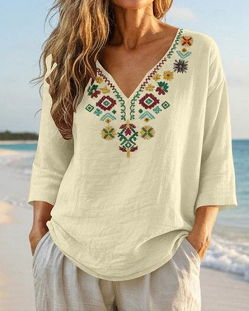 Blus V-Hals Bohemisk Tryckt