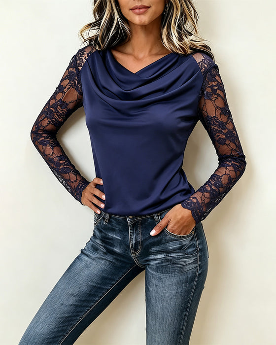 Blus Cowl Neck Spets Panel Lång Ärm