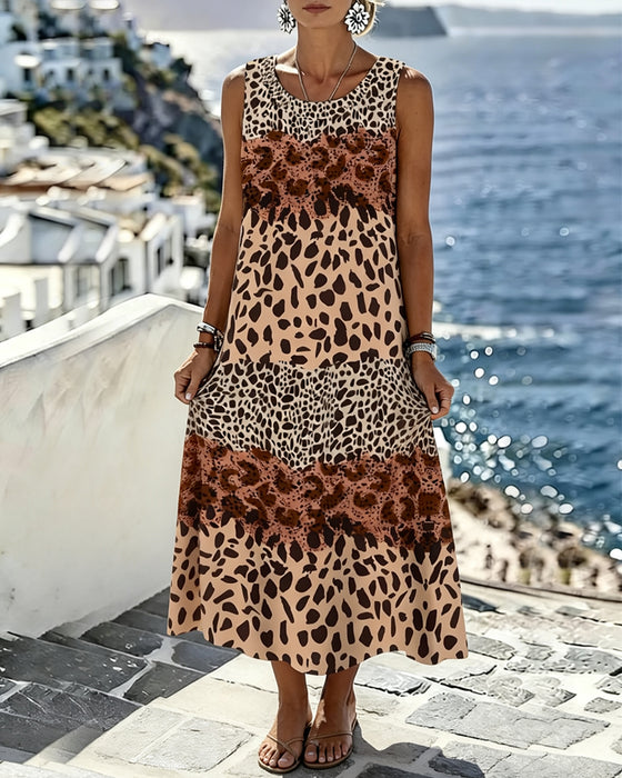 Klänning Färgblock Leopard Tryck Ärmlös Midi