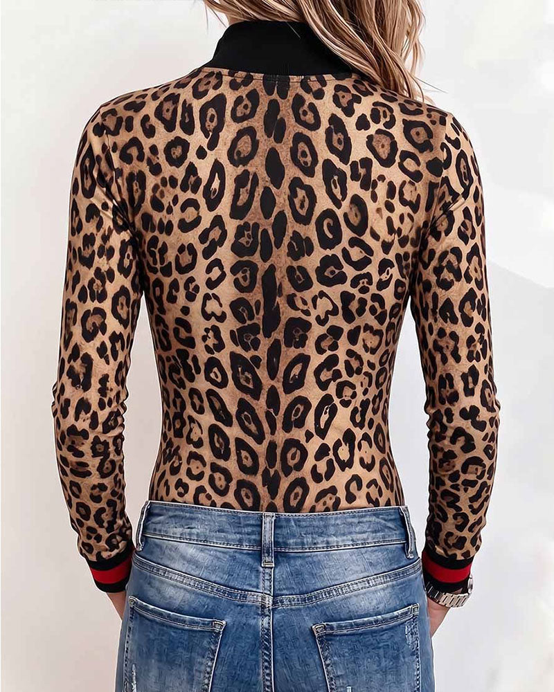 Topp Leopardmönster Halv-Zip Långärmad