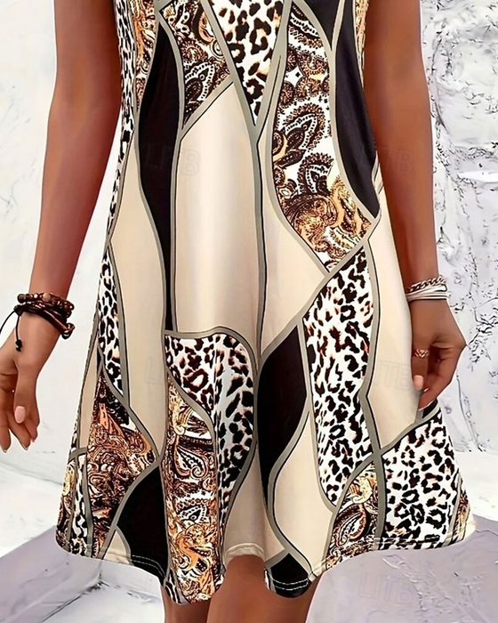Klädning Ärmlös Leopard Patchwork A-Linje