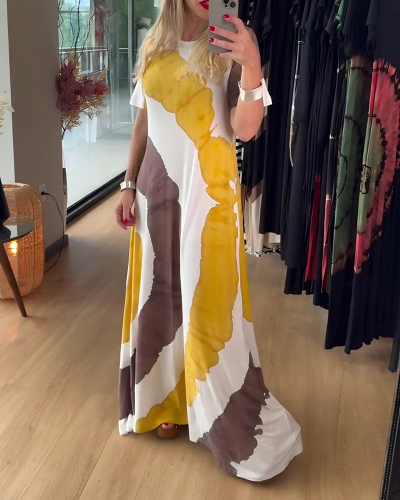 Klänning Tryck Rund Hals Kort Ärm