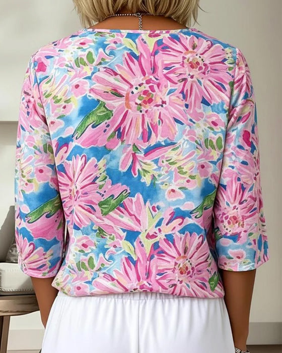 Blus Blommig V-Hals Halv Ärm