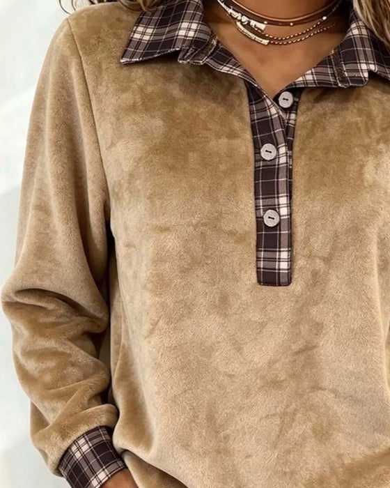 Sweatshirt Slag Knapp Rutig Patchwork