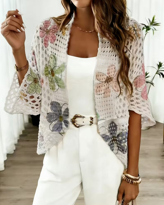 Cardigan Urholkning Blommönster Stickad
