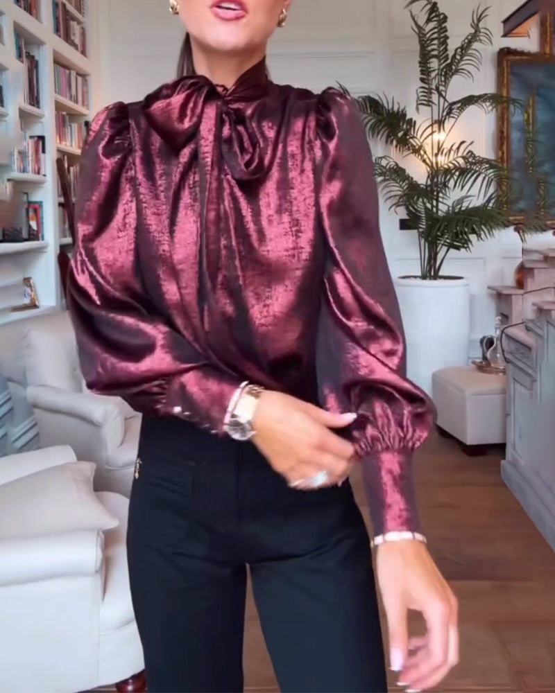 Blus Puckad Ärm Fladdrande Band Stilfull