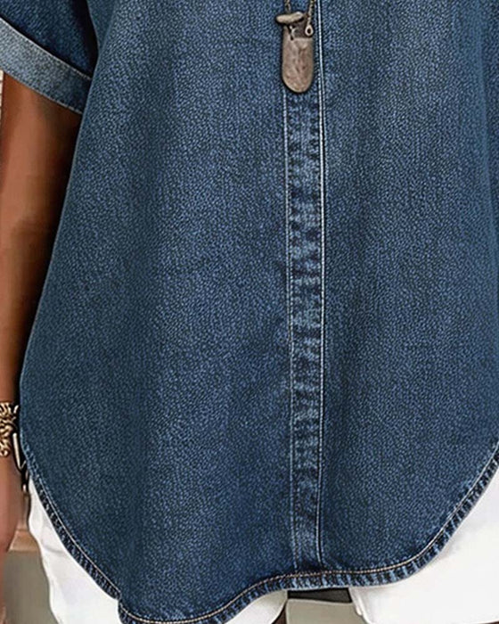 Blusar V-Hals Denim Kortärmad
