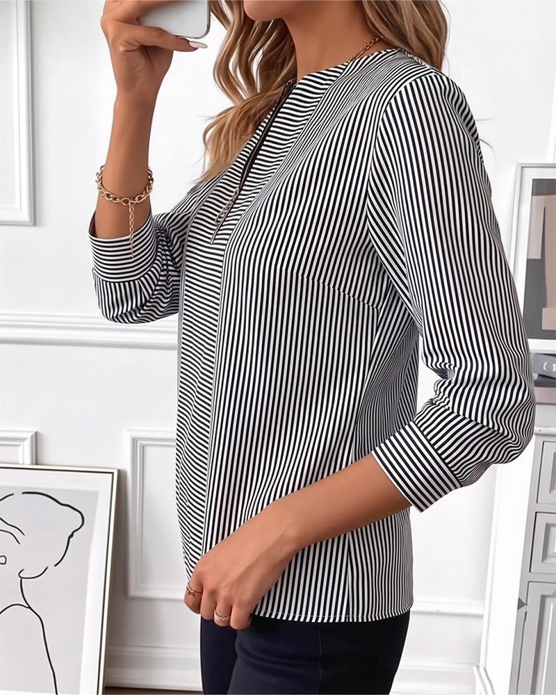Blus Randig Patchwork Dragkedja Upp