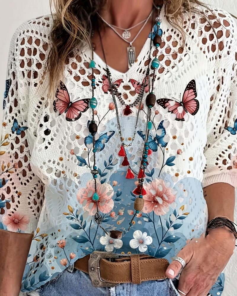 Pullöver Fjäril Blommig Utskärning