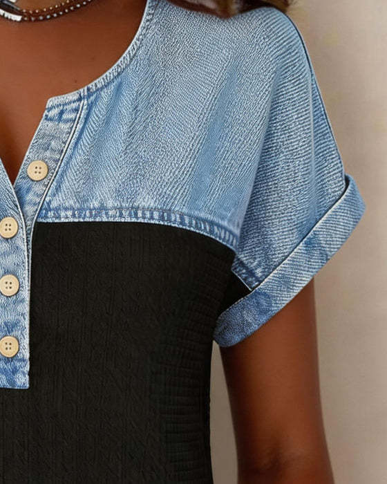 Blus Denim Patchwork Kort Ärm