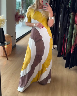 Klänning Tryck Rund Hals Kort Ärm