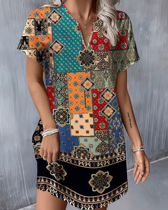 Klänning Etnisk Färgblock Kort Ärm