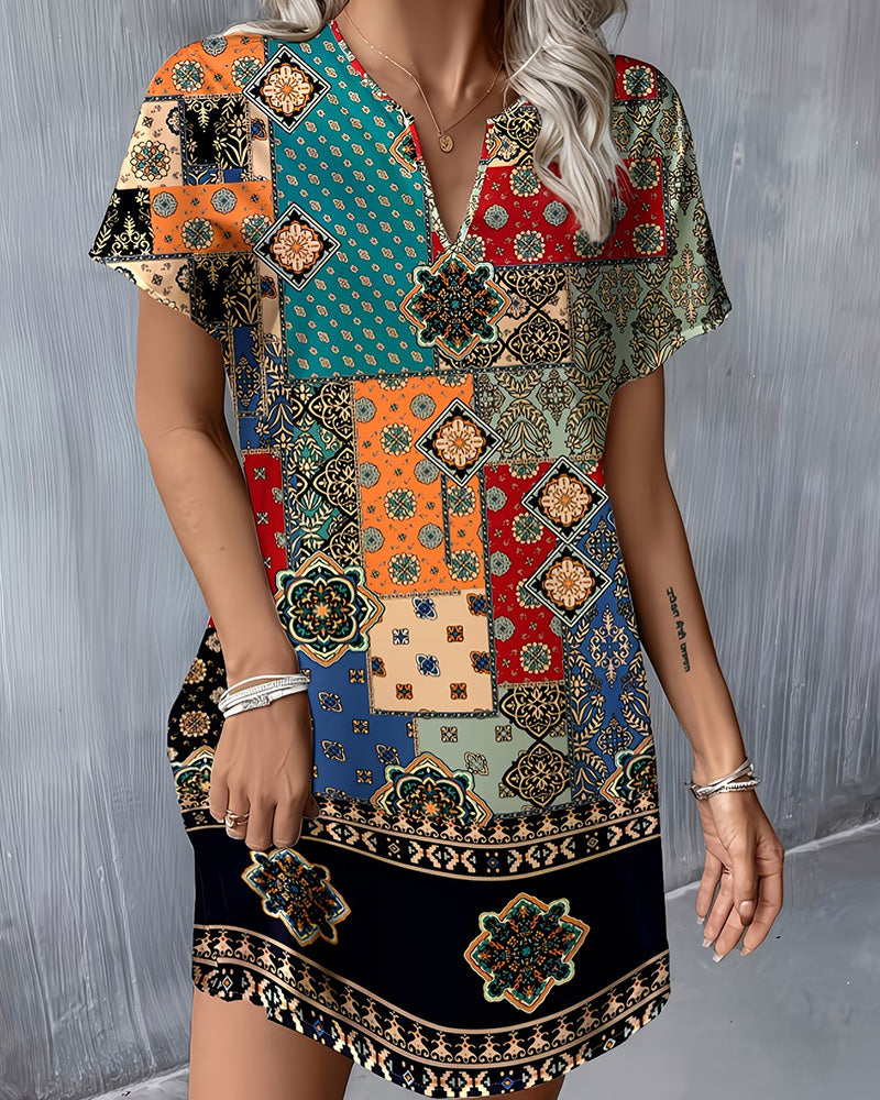 Klänning Etnisk Färgblock Kort Ärm