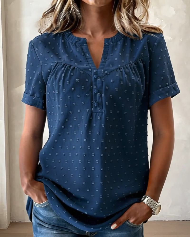 Blus Jacquard V-Hals Halvknäppning Kort Ärm