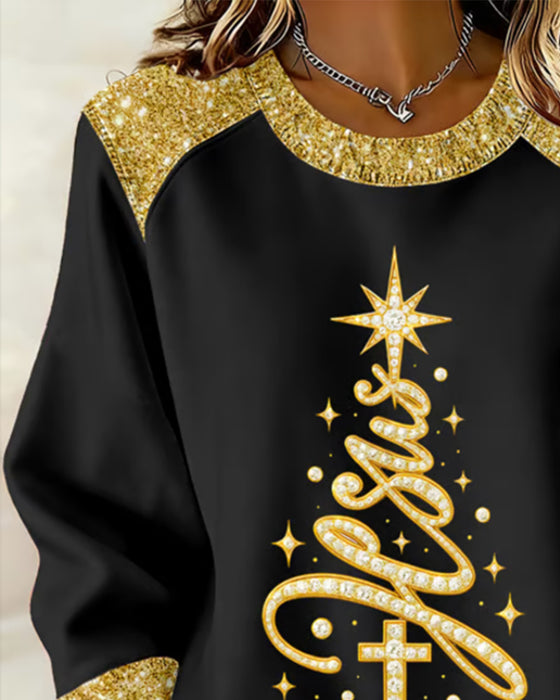 Tryckt Hoodie Med Julgran Och Rund Halsringning