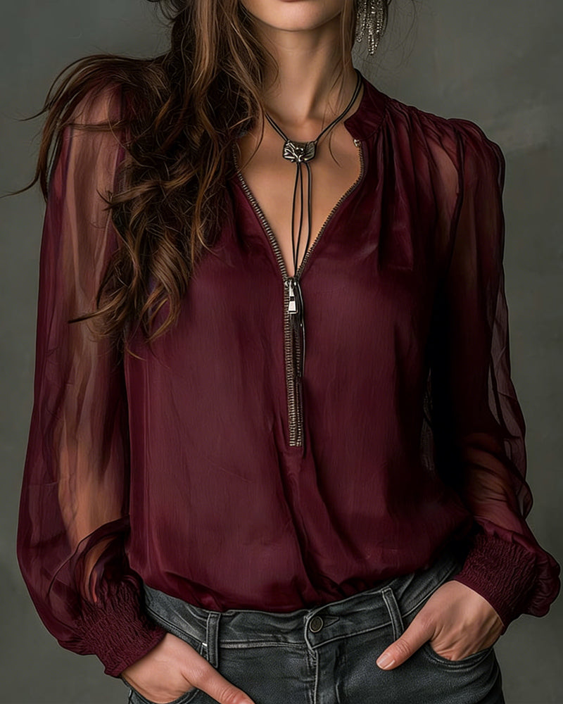 Blus Halv-blixtlås Nätlångärmad