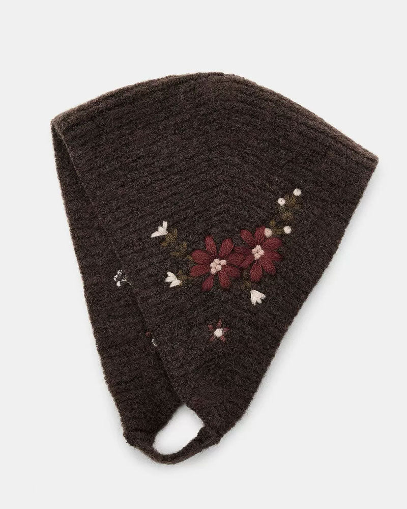 Vintage Stickad Blommig Huvudscarf