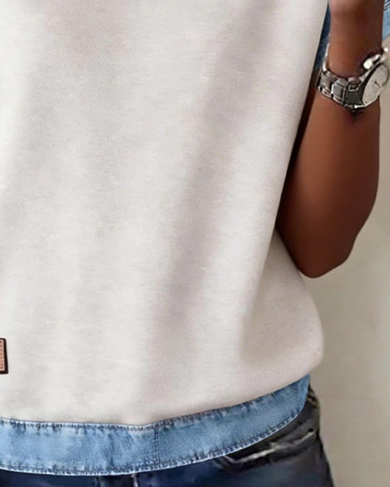 Topp Avslappnad Rund Hals Sammansatt Denim