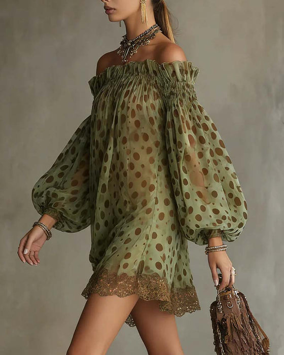 Klänning Leopardmönster Off-Shoulder Spets Patchwork