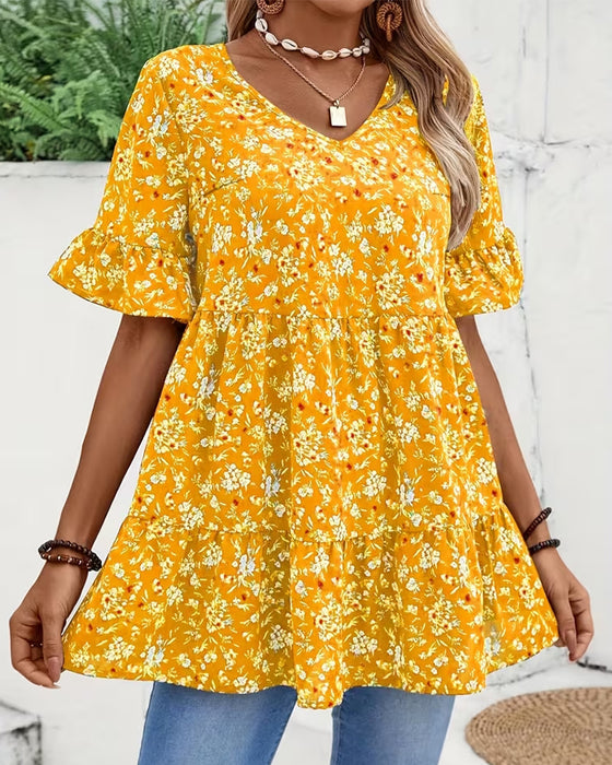 Blus V-Hals Flutter Ärm Blommig