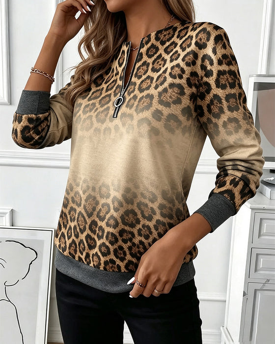 Sweatshirts Leopard Ombre Dragkedja Lång Ärm