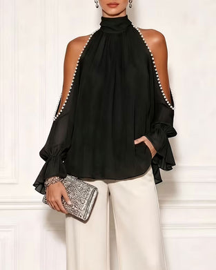 Blus Turtleneck Off-Shoulder Ruffle