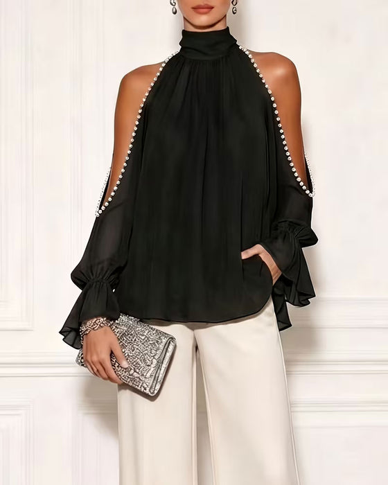 Blus Turtleneck Off-Shoulder Ruffle