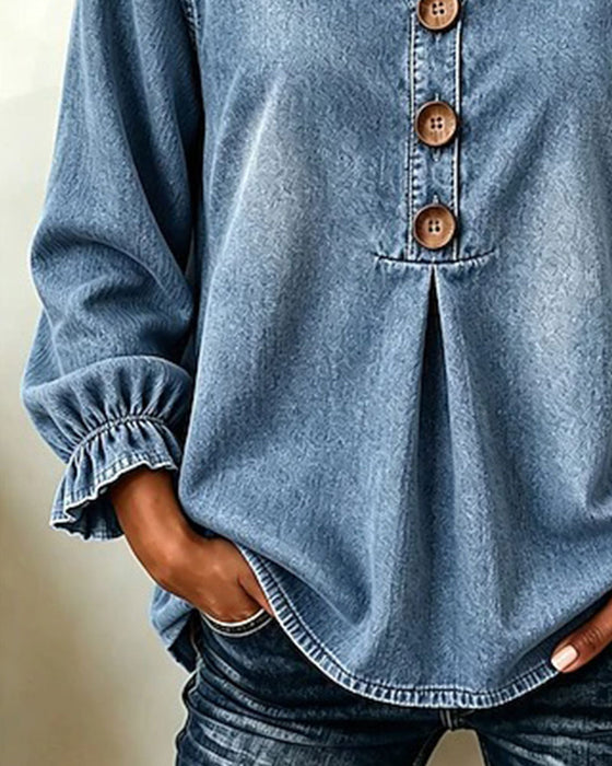 Topp Denim V-Hals Knapp Ryschärm