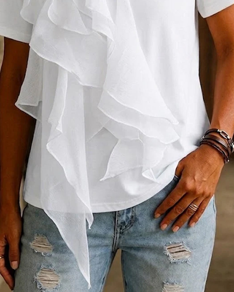 T-Shirt Rundhals Ruffle Oregelbunden