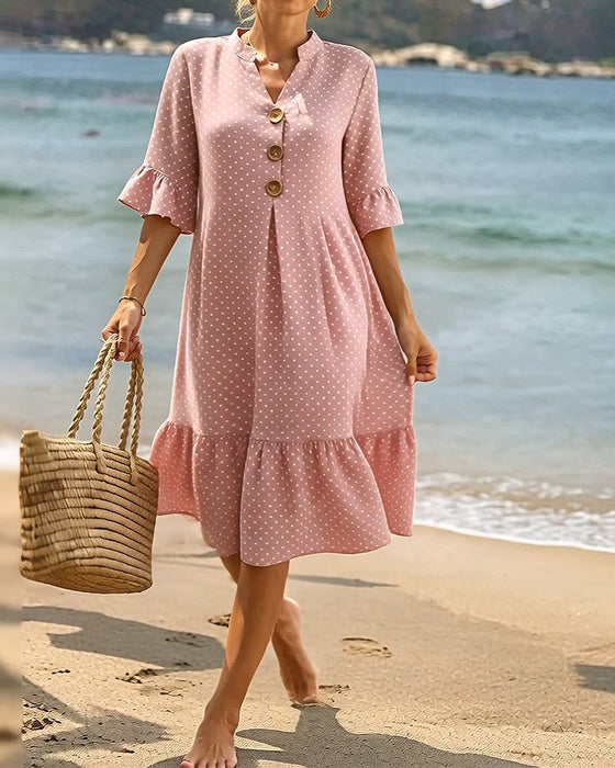 Klänning Polka Dot V-Hals Rynkad Ärm