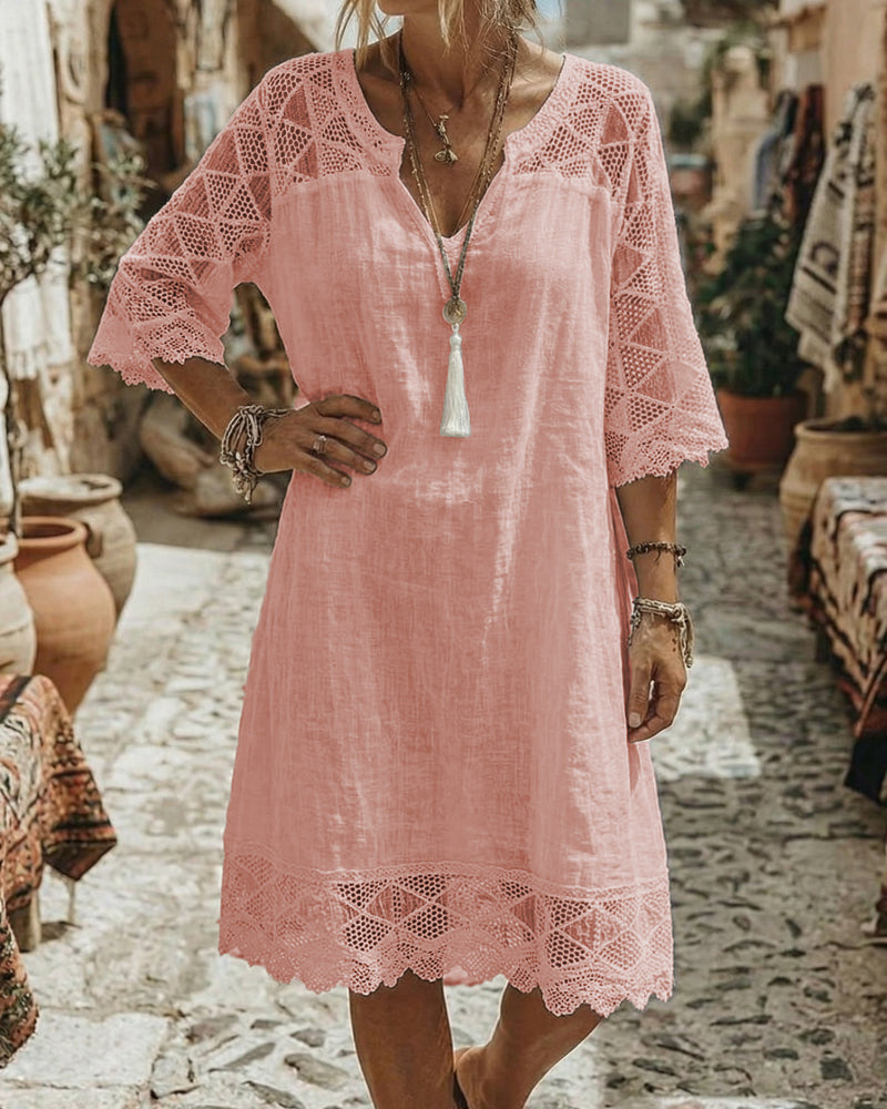 Klänning V-ringning Spets Patchwork Casual