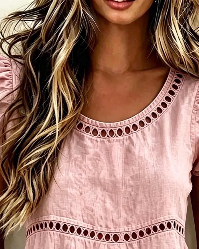 Blus Puffärm Genombruten Kortärmad