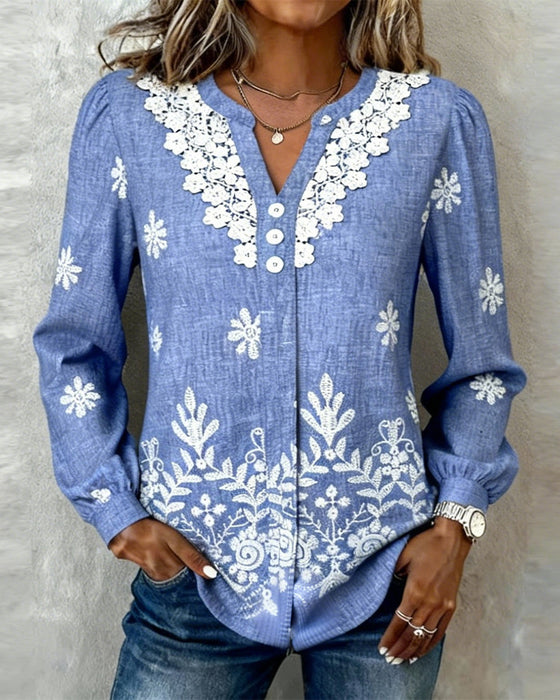 Skjort Puckad Ärm Broderi Spetskant