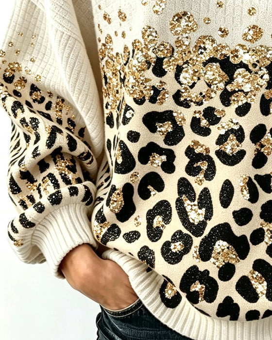 Tröja Rund Hals Knappad Leopard Tryck