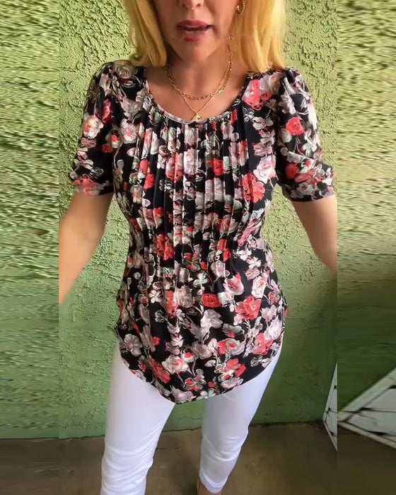 Blus Rund hals Puckad ärm Veckad Blommig