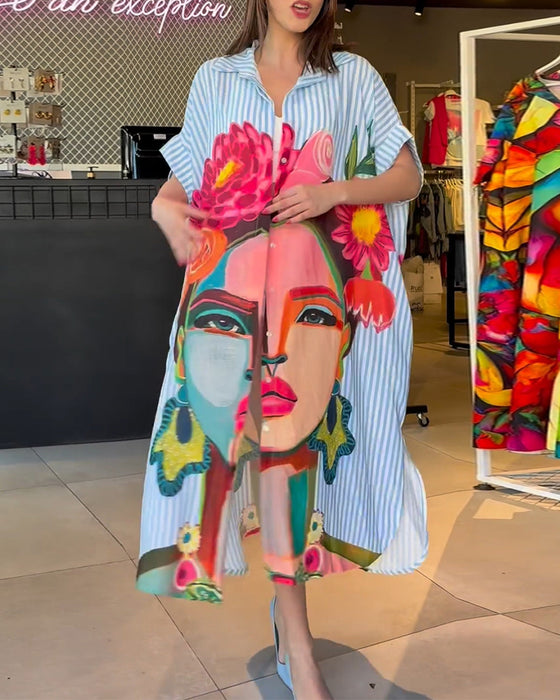 Vertikal randig blus med karaktärstryck i lapel