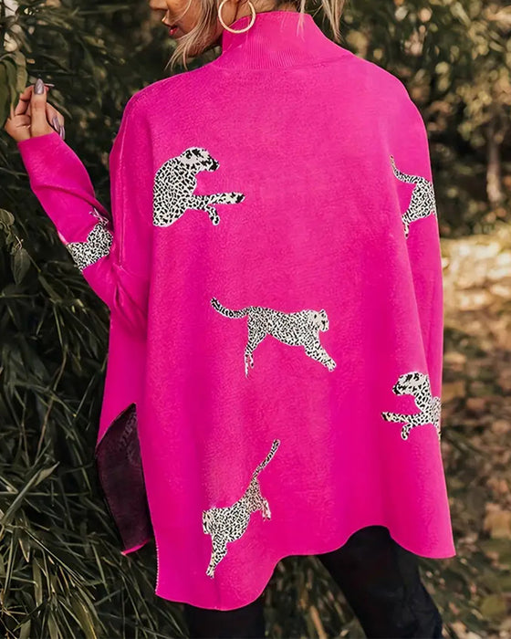 Snygg lös höghalsad tröja med leopardtryck