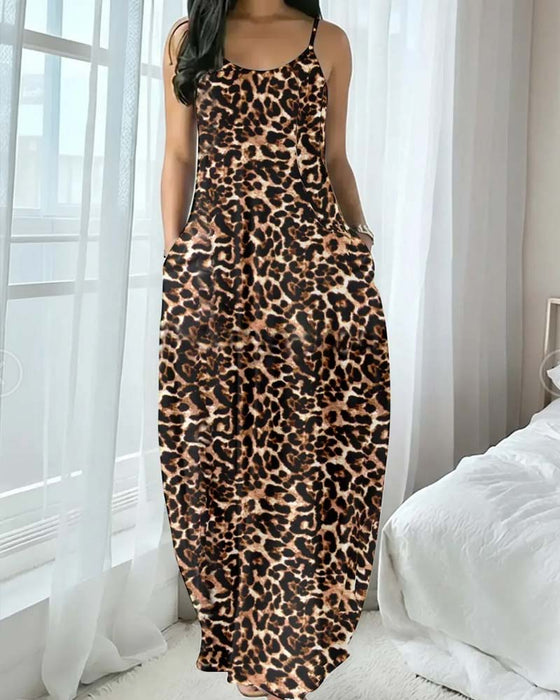 Klänning Spagettiband Leopard Tryck Midjeknyt A-Linje