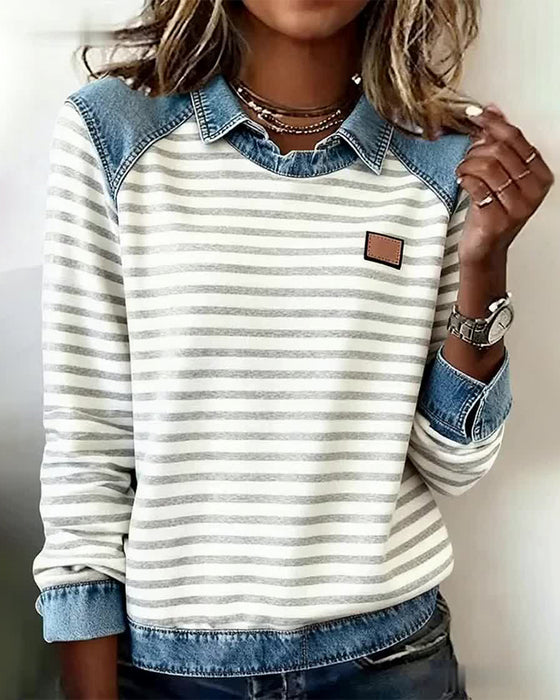 Sweatshirt Med Jeanspanel, Randmönster Och Casual Stämning