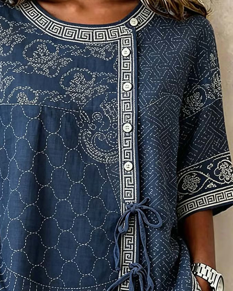 Blus Knyt Sida Asymmetrisk Knäppning Rundhalsad
