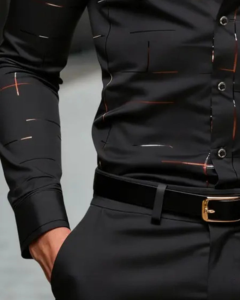 Herr Skjorta Nedvikt Krage Randigt Print Långärmad