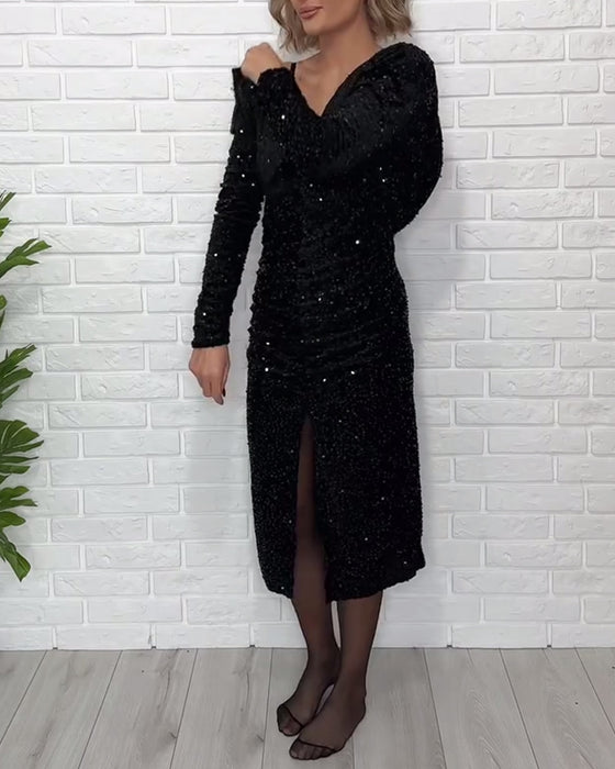 Klänning V-hals Pailletter Sprund Fest