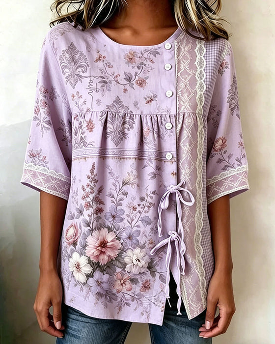 Blus Retro Blommönster Avslappnad