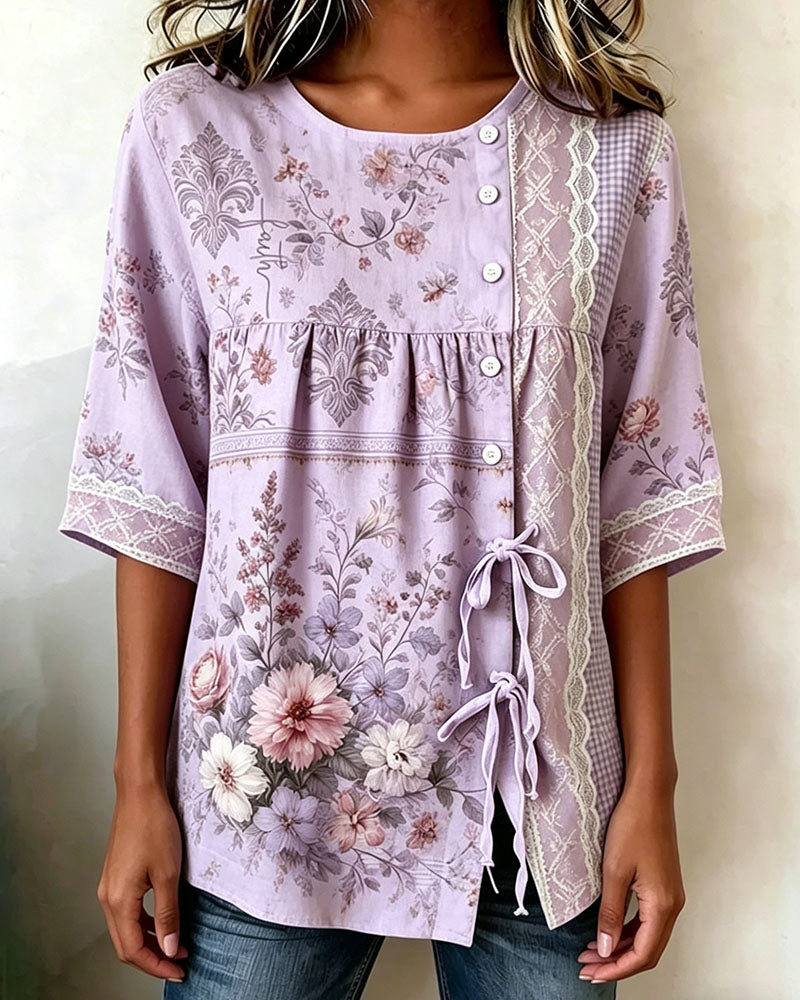 Blus Retro Blommönster Avslappnad