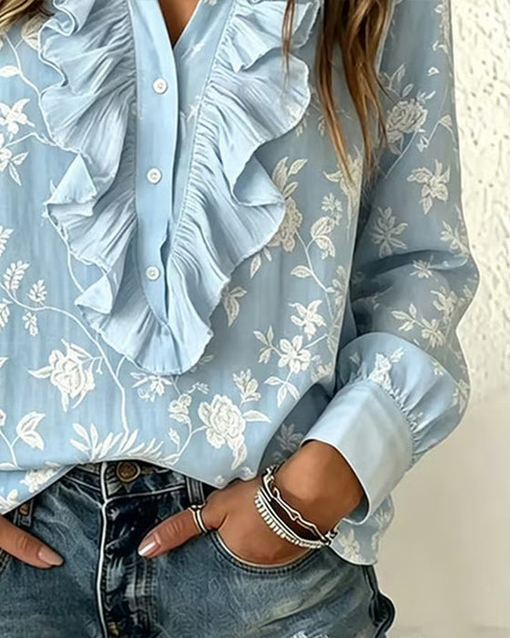 Blus Knapp Fram Ruffle V-Hals Puffärm