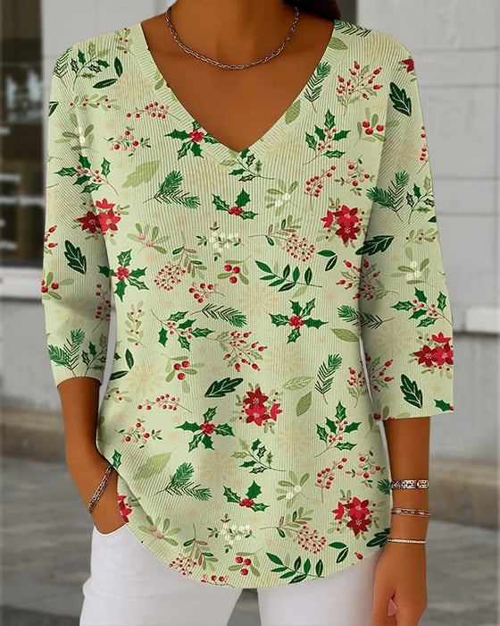Damens stickad topp med julprint, V-hals, 3/4 ärmar, casual stil och lös passform