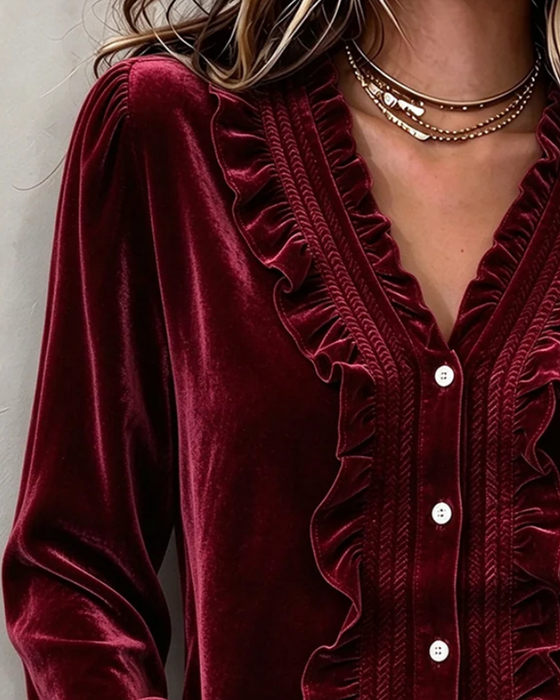 Blus Velvet Ruffle-Trim V-Neck Långärmad