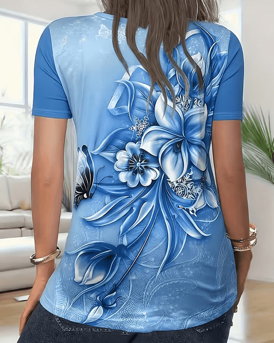 T-Shirt Blommig V-Hals Kortärmad