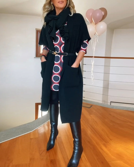 Casual enfärgad kofta med halvärm och ficka